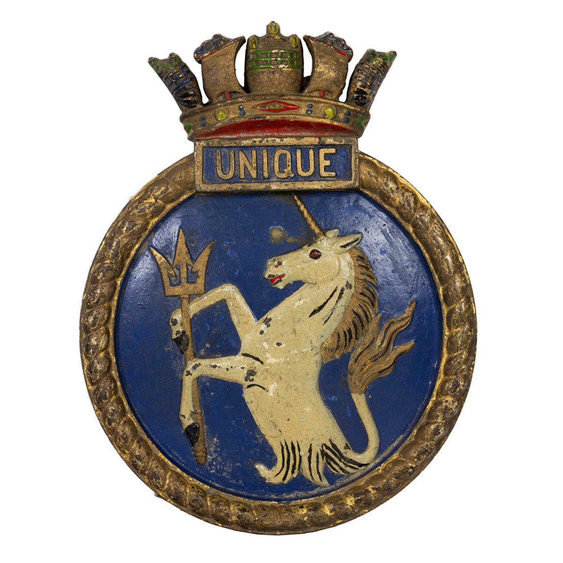 A painted cast iron ship badge or crest for the H.M.S. Unique (1 of 2)
