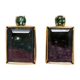 A pair of multi-color tourmaline, sapphire, and 18k gold earrings