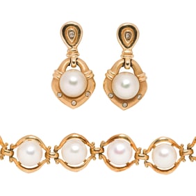 A cultured pearl and 14k gold bracelet and earring set