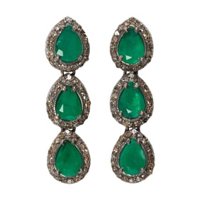 A pair of emerald, diamond, silver and 14k gold earrings