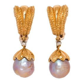 A pair of baroque cultured pearl, diamond and 18k gold ear clips