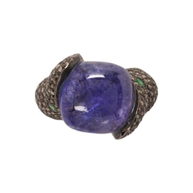 A tanzanite, tsavorite, diamond and silver ring