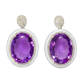 A pair of amethyst, diamond and silver earrings