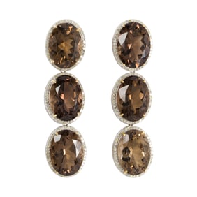 A pair of smoky quartz, diamond, silver and 14k gold earrings