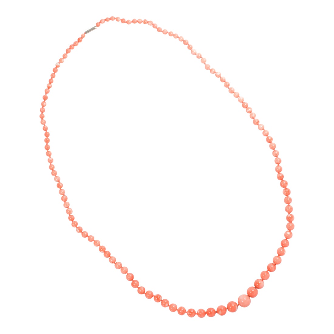 A coral bead and platinum necklace: A coral bead and platinum necklace the graduated beads measuring from approximately 12.90 to 4.30 mm, completed by an engraved platinum clasp; 35.18 dwt; length: 33 in