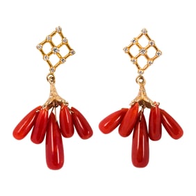 A pair of coral, diamond and 18k gold earrings