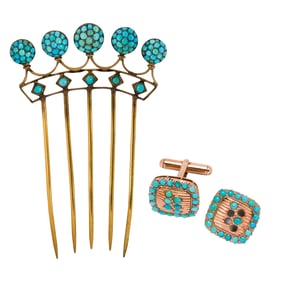 An antique turquoise and gilt metal hair ornament