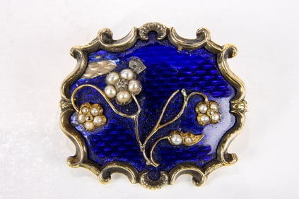 A Victorian seed pearl, enamel and 14k brooch