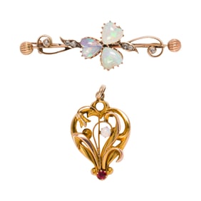 An antique opal and gold brooch and pendant