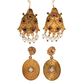 Two pairs of gemstone and 14k gold earrings