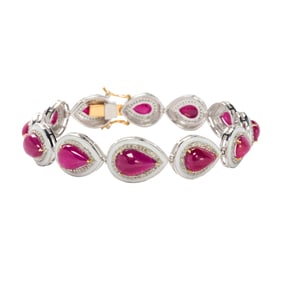 A ruby, diamond, enamel and silver bracelet