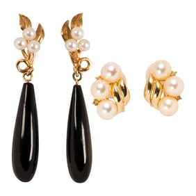 Two pair of gemstone and 14k gold earrings