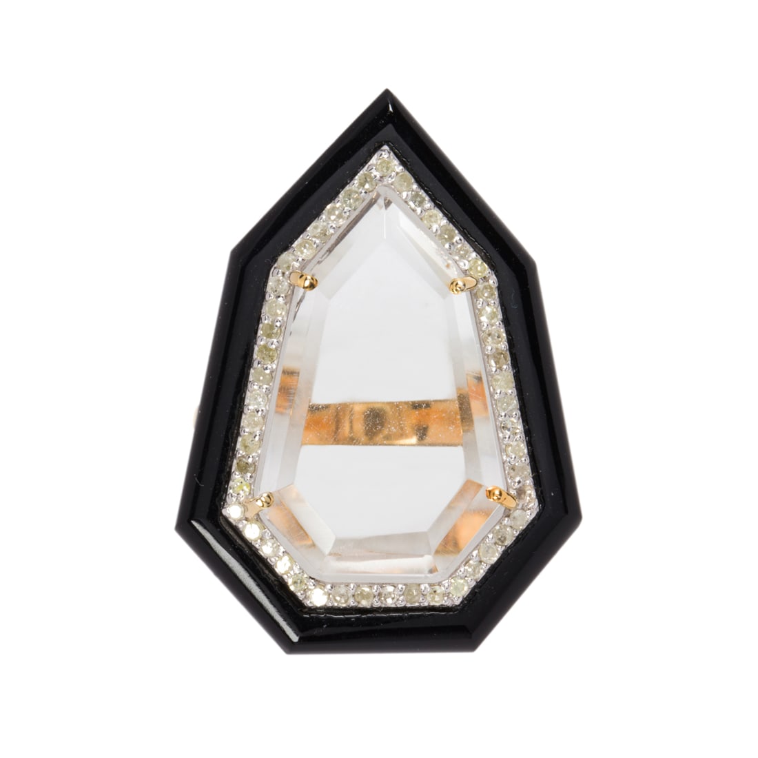 A rock crystal, diamond, onyx, silver and 14k gold ring (1 of 2)