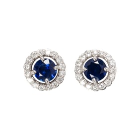 A pair of sapphire, diamond and 14k white gold earrings