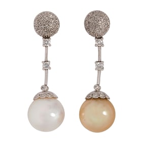 A pair of cultured South Sea pearl, diamond and 18k white gold earrings