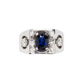 A sapphire, diamond and 14k white gold ring