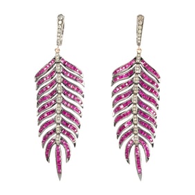 A pair of ruby, diamond, silver and 14k gold feather earrings