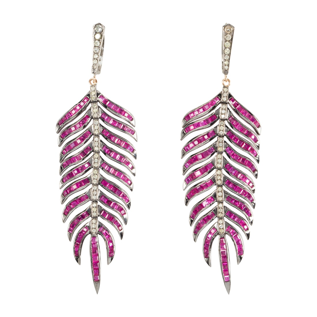 A pair of ruby, diamond, silver and 14k gold feather earrings (1 of 1)