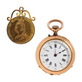 A 18k gold pocket watch with 14k gold bi-color watch chain