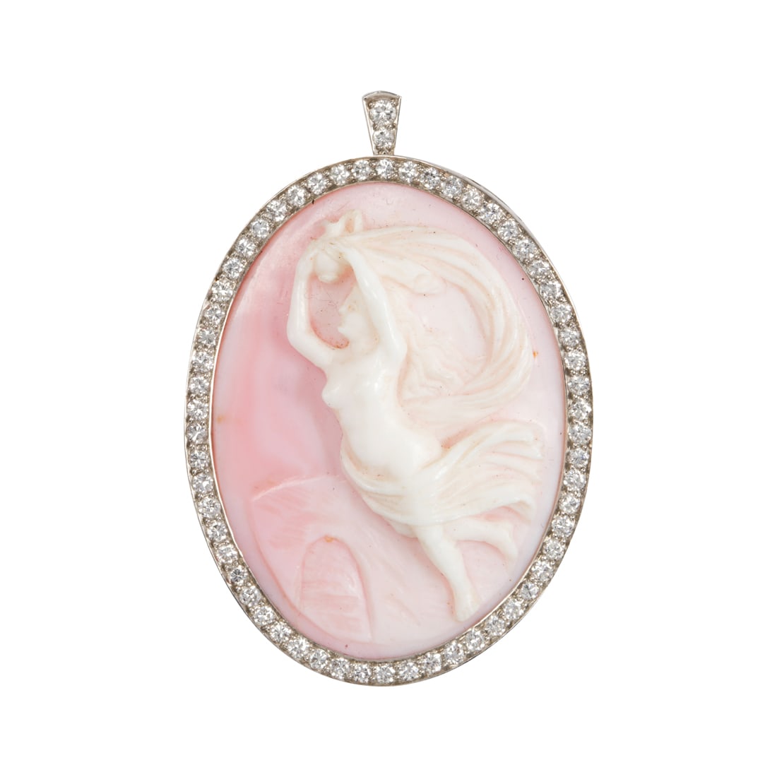A shell cameo, diamond and platinum brooch-pendant: A shell cameo, diamond and platinum brooch-pendant the pink shell cameo depicting nymph holding a jug aloft, framed by 60 round brilliant-cut diamonds weighing approximately 1.50 carats, with diamond-
