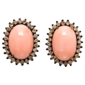 A pair of coral, diamond and silver earrings