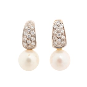 A pair of cultured pearl, diamond and 14k white gold earrings