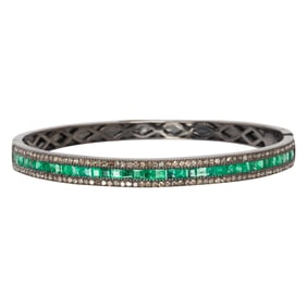 An emerald, diamond and silver bracelet