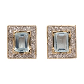 A pair of aquamarine, diamond and 14k gold earrings