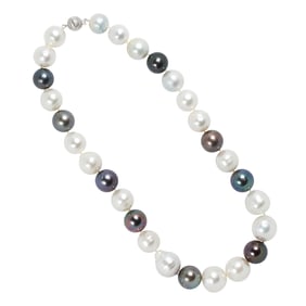 A multi-color South Sea pearl and 14k white gold necklace