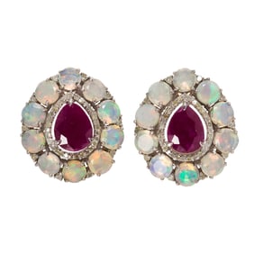 A pair of gem-set, silver and 14k gold earrings