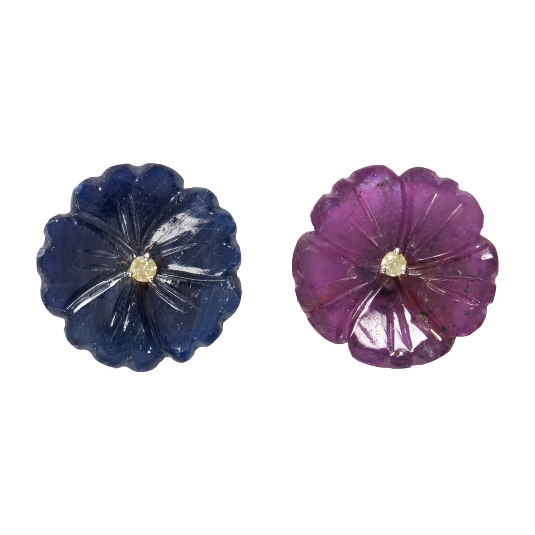 A pair of sapphire and diamond 18k gold flower earrings: A pair of sapphire and diamond 18k gold flower earrings each designed as a flowerhead carved pink or blue sapphire, accented by a round brilliant-cut diamond; estimated total pink or blue sapphire wei