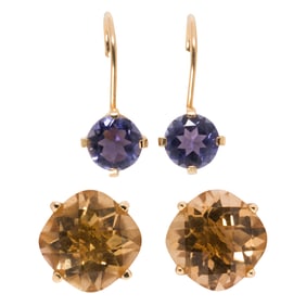 Two pairs of gemstone and 14k gold earrings