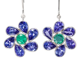 A pair of tanzanite, emerald and 18k gold earrings