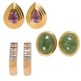 Three pairs of gem-set and 14k gold earrings