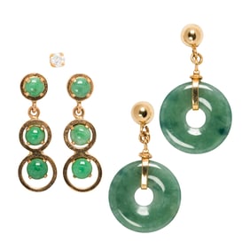 Two pairs of jade and 14k gold earrings