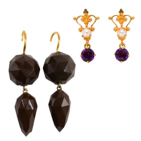 Two pairs of gemstone and gold earrings