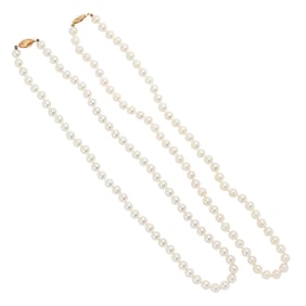 Two cultured pearl and 14k gold necklaces