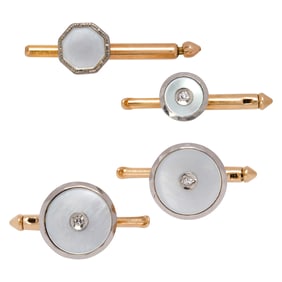 A set of diamond, mother of pearl and bi-color 14k gold mens jewelry