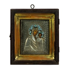 A Russian cloisonne .84 silver oklad icon of Mother of God, probably Yemelyan Kuznetsov