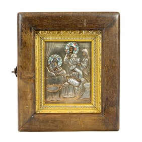 A Russian cloisonne .84 silver oklad icon of the Holy Family, possibly Fyodor Ivanov, circa 1888,...