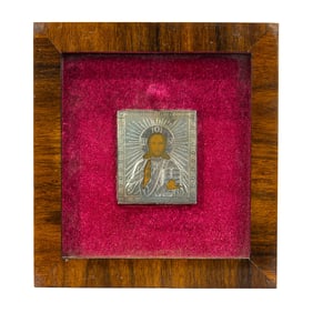 A Russian cased .84 silver oklad travel size icon of Christ mounted in shadow box frame