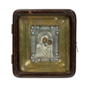 A Russian cloisonne .84 silver oklad icon of Mother of God, circa 1881