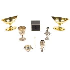 A lot of European sterling silver, comprising a pair of Irish George III silver gilt open salts