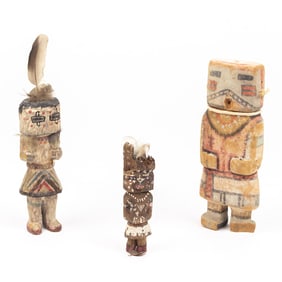 A lot of three vintage miniature kachinas, Hopi or Zuni, the tallest 6.75"h