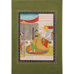 A Sikh miniature painting of a Marahaja seated and holding a sword, a servant behind with a fly