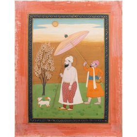 A Sikh miniature painting of Guru Har Rai walking his dog