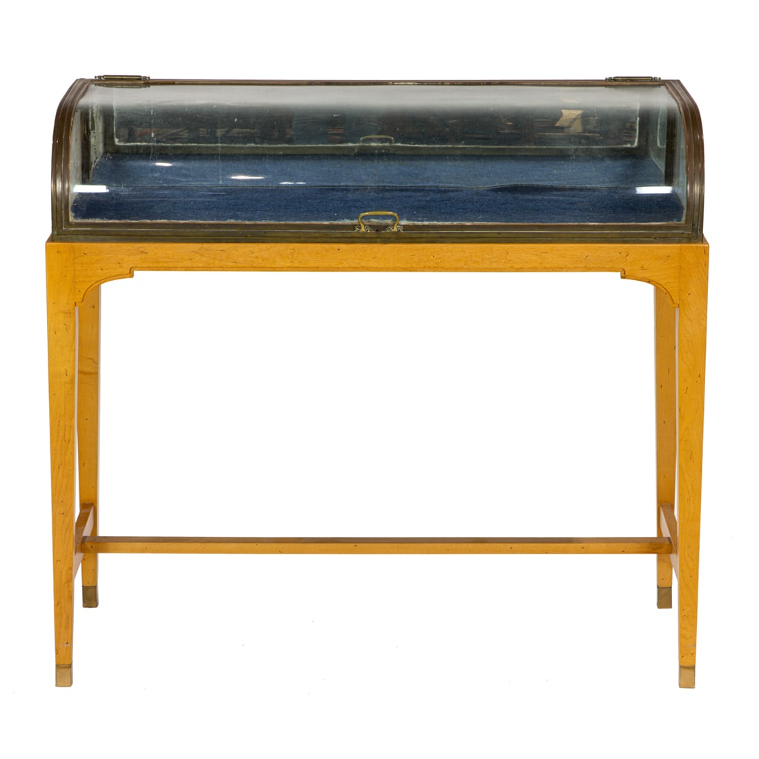 A brass and glass domed display case on later stand: A brass and glass domed display case on later stand, 36?h x 39.5?w x 16?d. Provenance: Estate of Meri Jaye, a renowned maritime collector and interior designer of passenger and cargo ships, Nob Hill,