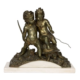 A Continental bronze group of two putti emblematic of America