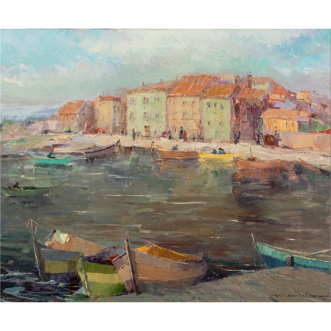 Painting, Nell Walker Warner: Nell Walker Warner (American, 1891-1970), Boat Scene, oil on canvas, signed lower right, canvas: 20"h x 24"w, overall (with frame): 27"h x 31"w. Provenance: Property from the estate of Mr. Robert Darw