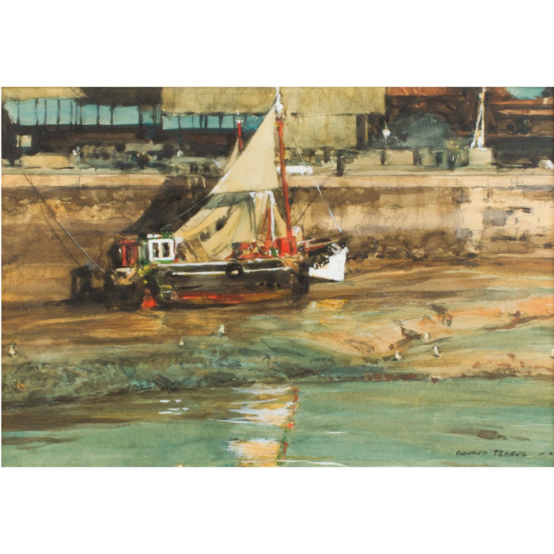 Work on paper, Donald Teague: Donald Teague (American, 1897-1991), "Low Tide, Honfleur (Normandy, France)," gouache on paper, signed lower right, sight: 6"h x 9"w, overall (with frame): 10"h x 13"w